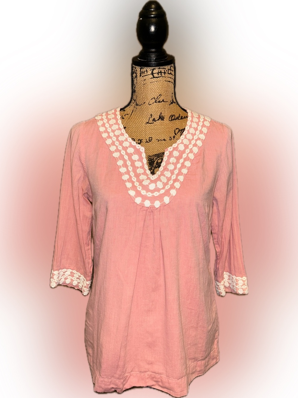 Boden Holly Pink Embroidered Lace Appliqué Cotton V-Neck Beach Preppy Tunic 10
